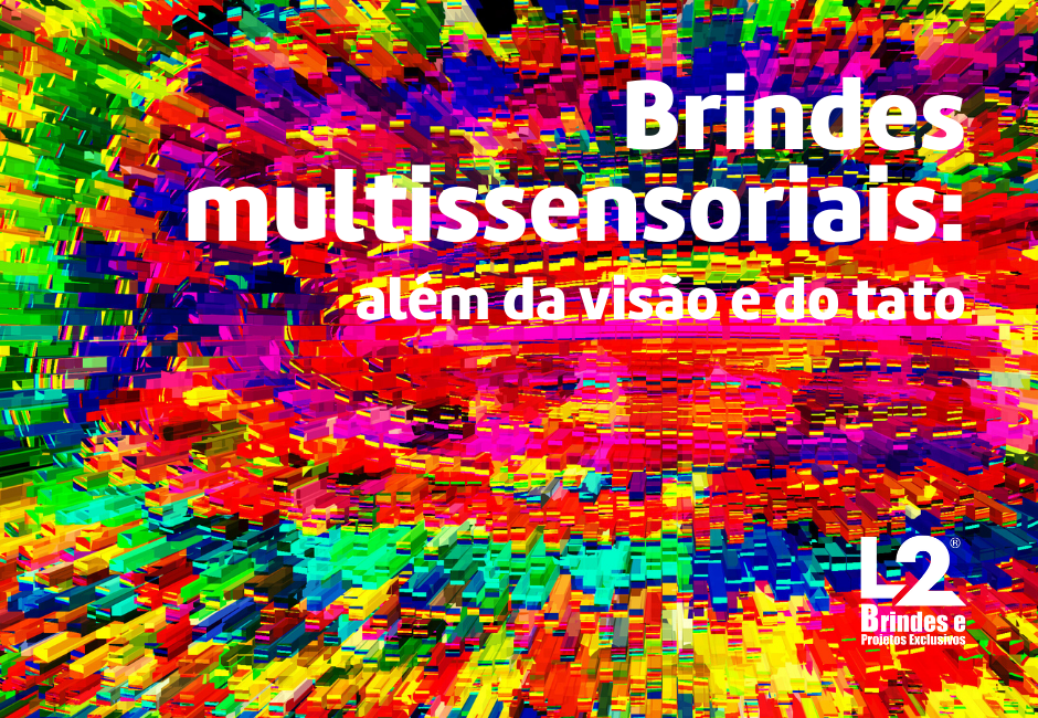 Kit de brindes multissensoriais com uma variedade de itens coloridos que estimulam os sentidos, demonstrando uma experiência de marketing sensorial completa.