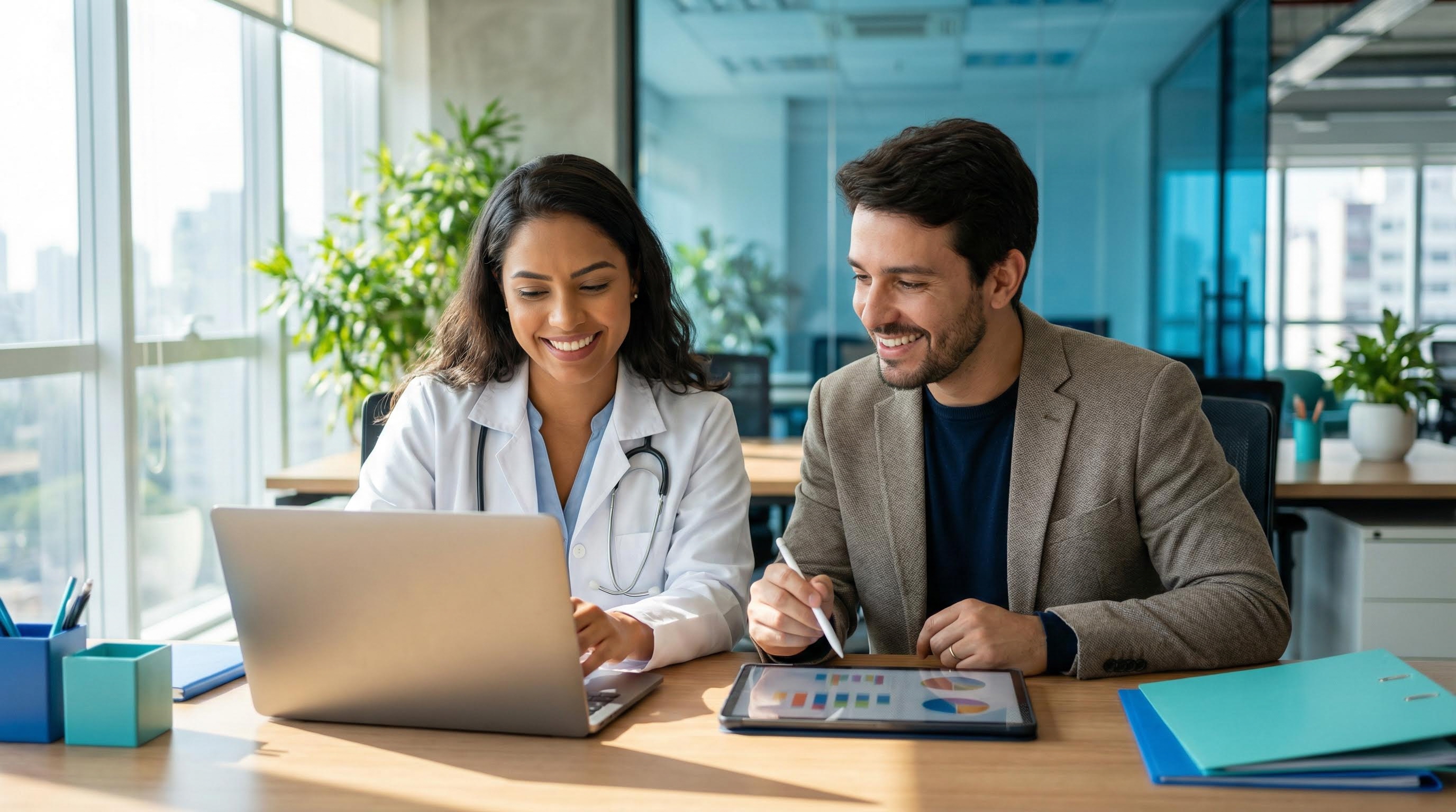 Médico e Contador conversando em escritório moderno